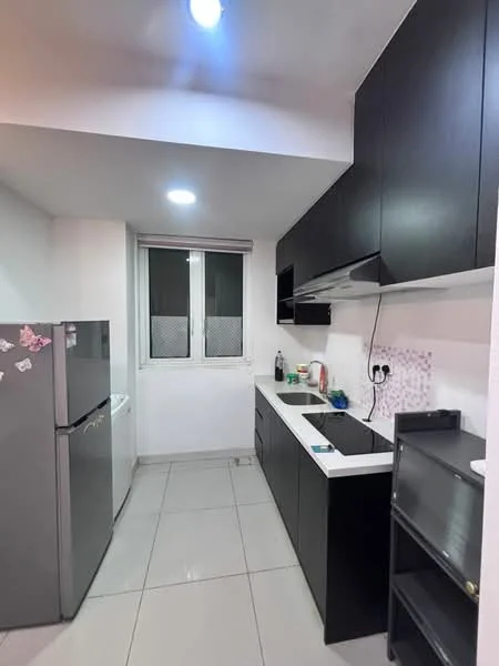 Kitchen features: black cabinetry, white countertop, stainless-steel fridge, built-in cooktop, wall-mounted range hood, double-basin sink, tile backsplash, grey tile flooring, window with mesh screen, recessed ceiling lights, open shelving unit; style: modern.