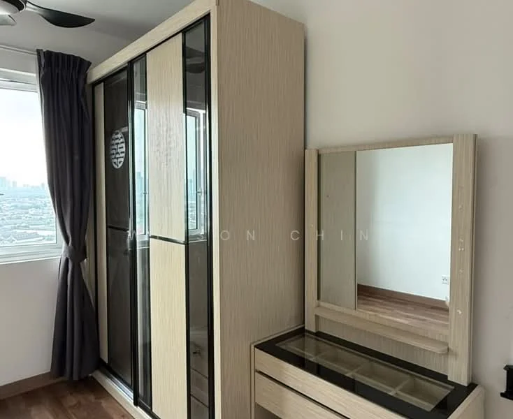 Bedroom features: built-in wardrobe with sliding glass doors, dressing table with mirror, wooden flooring, floor-to-ceiling window, curtains, city view, neutral wall color, ceiling fan; style: modern; view: city.