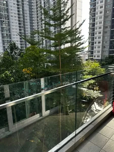Room features: glass railing, tiled flooring, greenery view, trees visible, high-rise buildings in background, outdoor space, balcony, urban landscape; style: modern; view: garden.