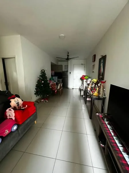 Living features: grey fabric sofa, red throw blanket, flat-screen TV on wooden console, decorative wall clock, ceiling fan, white painted walls, tile flooring, Christmas tree, decorative table with flowers, wall-mounted artwork, dining table with chairs in background; style: modern.