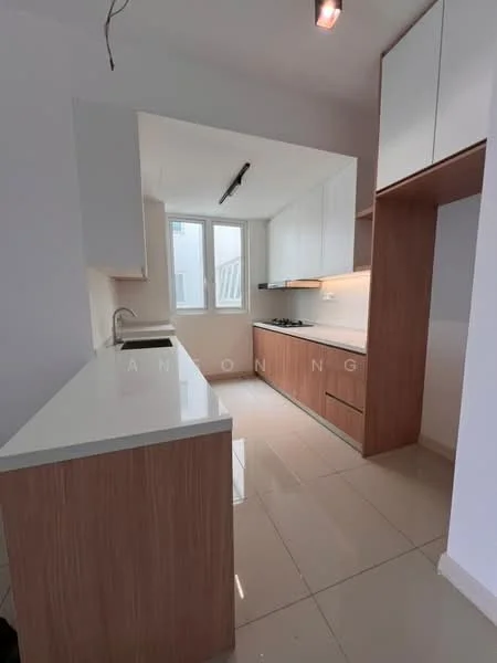 Kitchen features: white quartz countertop, wood cabinetry, stainless-steel sink, chrome pull-down faucet, built-in gas hob, built-in oven, white tiled backsplash, recessed downlights, floor-to-ceiling windows, ceramic tile flooring; style: modern.