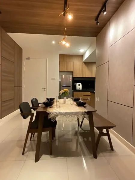 Dining features: dining table with wooden legs, tablecloth, two wooden benches, four black dining chairs, pendant lighting with multiple bulbs, white tiled flooring, wooden wall paneling, kitchen cabinetry in the background, built-in oven, stainless-steel fridge, recessed lighting; style: modern.