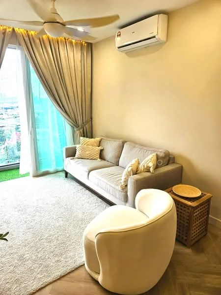 Living features: 3-seater fabric sofa in light grey, white accent chair, area rug with neutral color, floor-to-ceiling windows, sheer curtains, wall-mounted split AC, wooden coffee table, decorative cushions, light wood flooring, recessed lighting; style: modern; view: city.