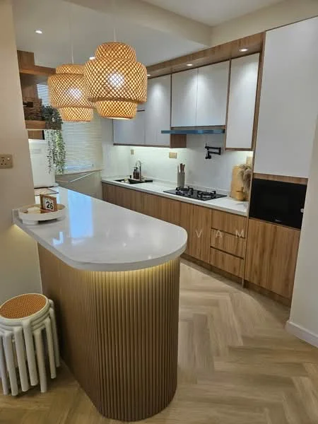 Kitchen features: white quartz countertop, wood cabinetry, stainless-steel gas hob, built-in oven, black range hood, pendant lighting with woven design, recessed downlights, herringbone patterned flooring, double-bowl stainless-steel sink, kitchen island with curved edge, open shelving, decorative plants; style: modern.