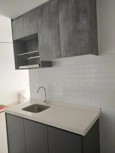 Kitchen features: grey cabinetry, white subway tile backsplash, light-colored countertop, single-bowl stainless-steel sink, chrome pull-down faucet, open shelving above sink, under-cabinet lighting, floor-to-ceiling cabinets; style: modern.