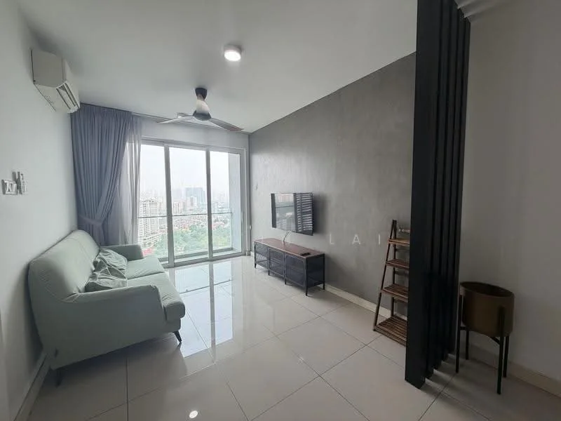 Living features: light grey fabric sofa, wall-mounted TV, black TV console, white glossy tile flooring, floor-to-ceiling windows, city view, ceiling fan with light, curtains, decorative ladder shelf, small round side table; style: modern; view: city.