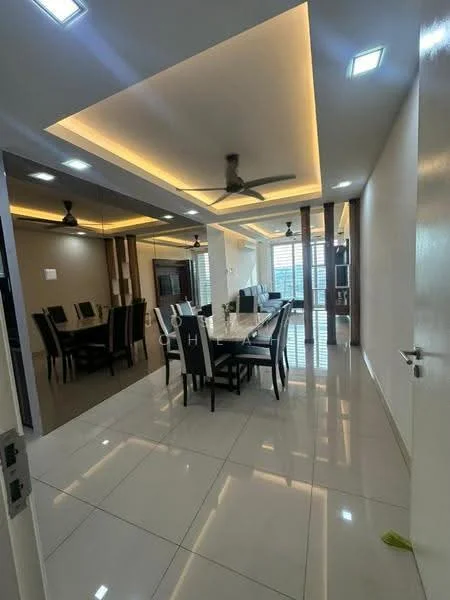 Dining features: rectangular dining table, black dining chairs, 5-blade ceiling fan with light, recessed LED downlights, glossy tile flooring, white painted walls, mirror wall, large windows with blinds; style: modern; view: city. Room features: white painted walls, glossy tile flooring, recessed LED downlights, ceiling with cove lighting.