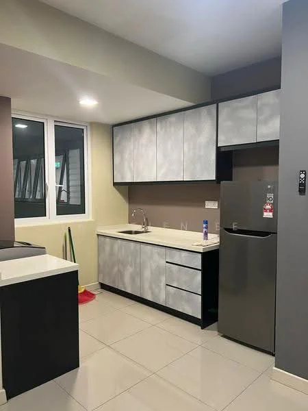 Kitchen features: grey and black cabinetry, white countertop, stainless-steel fridge, single-bowl stainless-steel sink, chrome pull-down faucet, ceramic tile flooring, recessed LED downlights, window with view, cleaning supplies visible, modern design; style: modern.