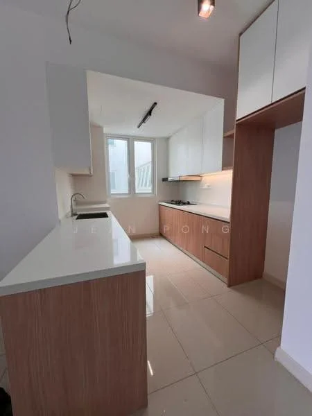 Kitchen features: white quartz countertop, wood cabinetry, stainless-steel sink, chrome pull-down faucet, built-in gas stove, wall-mounted range hood, tile backsplash, ceramic tile flooring, recessed downlights, floor-to-ceiling windows; style: modern.