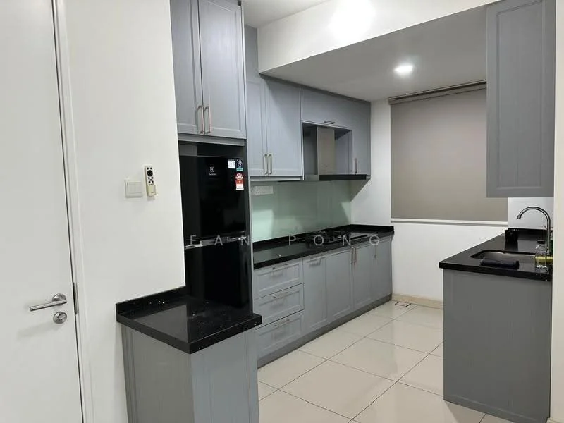 Kitchen features: grey cabinetry, black granite countertop, black granite backsplash, built-in oven, stainless-steel fridge, single-bowl stainless-steel sink, chrome pull-down faucet, ceramic tile flooring, recessed downlights, window with roller blinds, kitchen island, open shelving; style: modern.