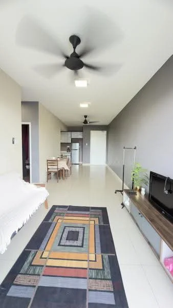 Living features: 3-blade ceiling fan in black, white walls, grey accent wall, tile flooring, area rug with geometric pattern, sofa with white throw, TV console, wall-mounted TV, dining table with chairs, refrigerator, open layout, natural light from windows, decorative plant; style: modern.