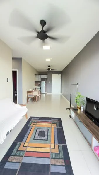 Living features: 3-blade ceiling fan in black, white sofa with throw blanket, wooden TV console, wall-mounted TV, area rug with geometric pattern, dining table with chairs, open kitchen area, grey painted walls, light-colored tile flooring, recessed ceiling lights; style: modern.