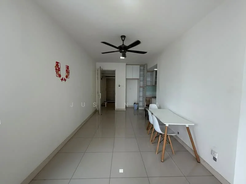 Room features: white painted walls, grey tiled flooring, 5-blade ceiling fan, dining table with white surface, 4 wooden dining chairs, doorway leading to another room, light source from ceiling, minimalist decor; style: modern.
