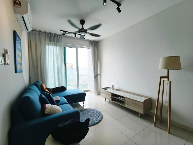 Living features: blue fabric L-shape sectional sofa, white wall, floor-to-ceiling windows, sheer curtains, light grey tile flooring, ceiling fan with light, wooden TV console, area rug in blue, decorative floor lamp, wall-mounted air conditioning unit; style: modern; view: city.