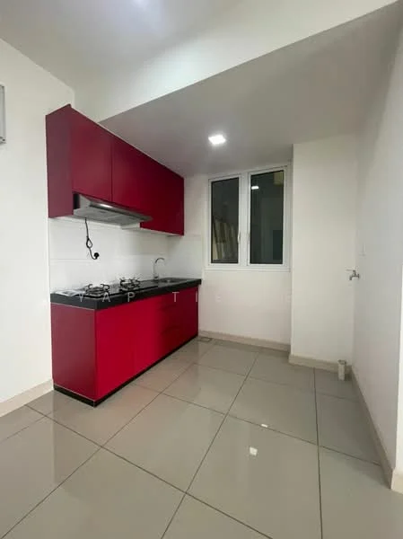 Kitchen features: red cabinetry, stainless-steel gas hob, stainless-steel range hood, single-bowl stainless-steel sink, chrome pull-down faucet, white walls, grey tile flooring, recessed LED downlights, window with view to outside; style: modern.