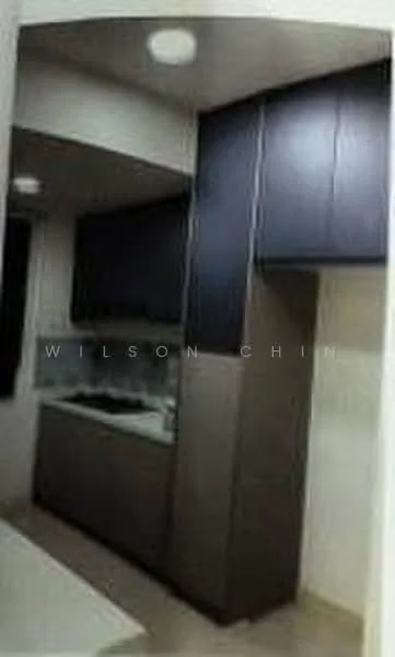 Kitchen features: dark wood cabinetry, light wood lower cabinets, white countertop, built-in stove, wall-mounted cabinets, recessed ceiling lights, neutral wall color, tile flooring; style: modern.