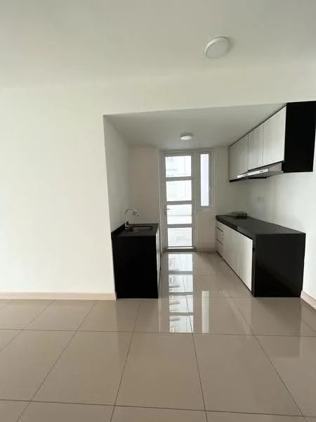 Kitchen features: black countertop, white cabinetry with flat-panel design, single-bowl stainless-steel sink, chrome pull-down faucet, ceramic tile flooring, white painted walls, window for natural light, recessed ceiling lights; style: modern.