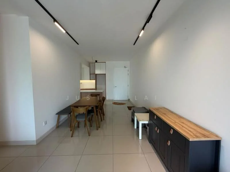 Dining features: dining table with 4 chairs, black sideboard with wooden top, white walls, recessed downlights, large floor tiles, open layout, doorway leading to kitchen, neutral color palette; style: modern.