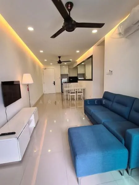 Living features: 3-seater fabric sofa in blue, ottoman in blue, white TV console, wall-mounted TV, ceiling fan, recessed LED downlights, laminate flooring, white walls, decorative wall lighting, open layout to kitchen, dining table with chairs; style: modern. Kitchen features: kitchen island, stainless-steel sink, built-in oven, freestanding range oven, refrigerator, white cabinetry, black countertop, backlit mirror, open shelving; style: modern.