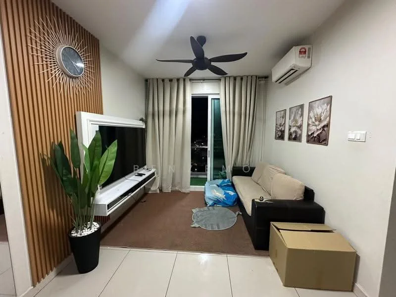 Living features: 3-seater fabric sofa in beige, wall-mounted TV, TV console, decorative wall clock, 5-blade ceiling fan with light, floor-to-ceiling windows, sheer curtains, wood accent wall, area rug, potted plant, box, decorative artwork; style: modern; view: city.