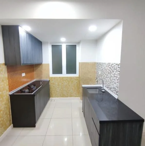 Kitchen features: grey cabinetry, black countertop, single-bowl stainless-steel sink, chrome pull-down faucet, 4-burner gas hob, white tiled backsplash, mosaic tile backsplash, cream painted walls, recessed LED downlights, floor-to-ceiling windows, glossy ceramic tile flooring; style: modern.