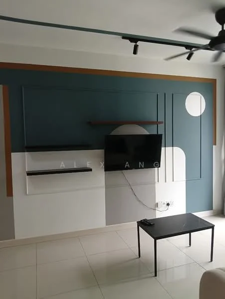 Living features: white painted walls, accent wall with geometric design in teal and beige, black wall-mounted TV, black coffee table, ceiling fan, recessed lighting, tile flooring, shelves on wall; style: modern.