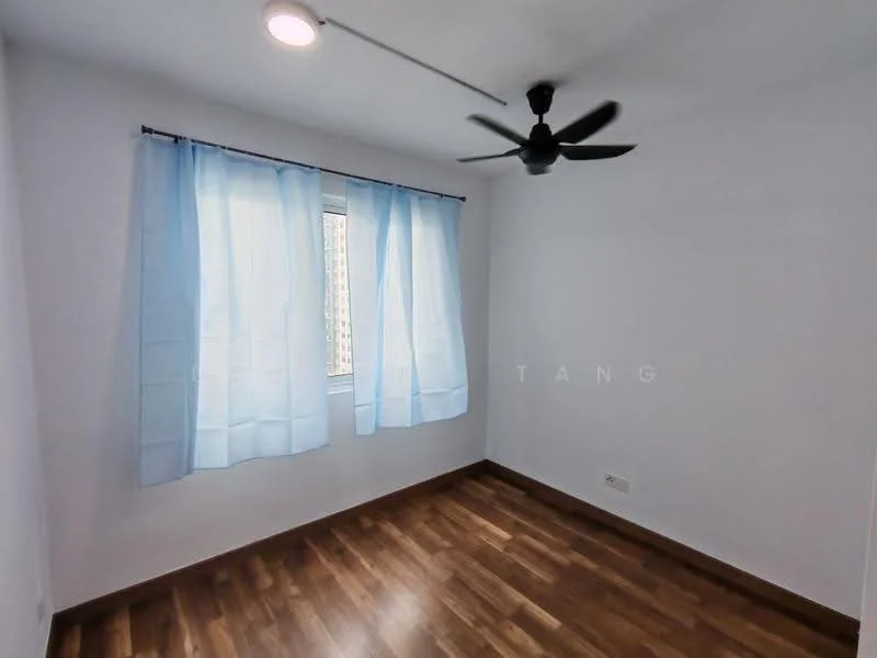 Bedroom features: light wood flooring, white painted walls, ceiling fan, window with sheer blue curtains, natural light from window; style: modern; view: city.