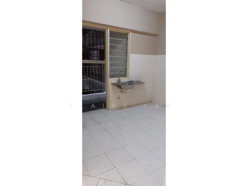 Kitchen features: single-bowl stainless-steel sink, chrome faucet, white tiled walls, white tiled flooring, window with metal grille, countertop, open layout, natural light from window.