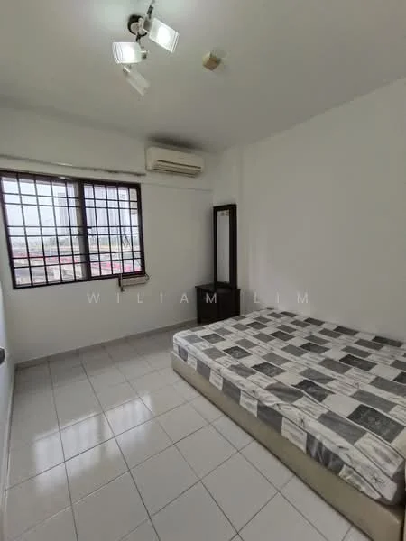 Bedroom features: queen-size bed with patterned bedding, white painted walls, tile flooring, 1 wall-mounted split AC, 2-blade ceiling light fixture, window with black metal grille, wooden bedside table, full-length mirror, curtains, built-in wardrobe; style: modern; view: city.