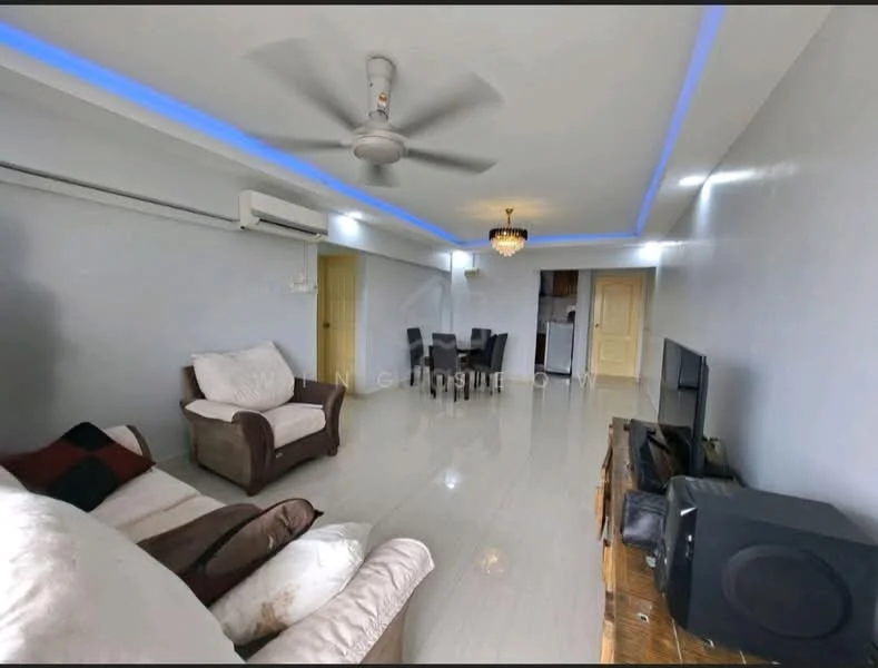 Living features: white painted walls, glossy tile flooring, 5-blade ceiling fan with light, recessed LED downlights, chandelier, sofa with brown and white upholstery, coffee table, TV console, wall-mounted TV, dining table with chairs, air conditioning unit; style: modern.