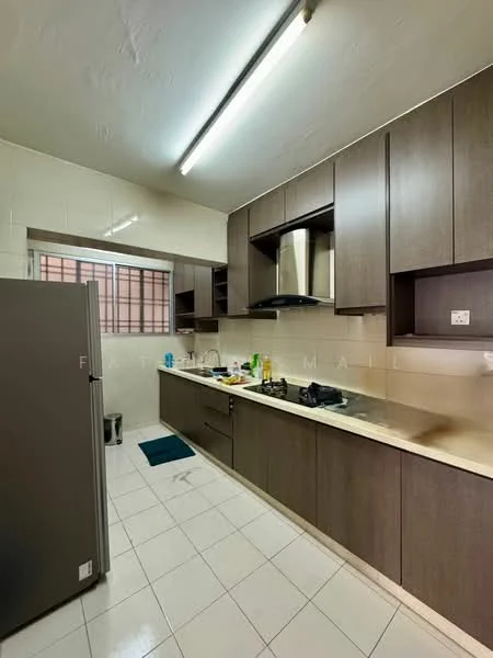 Kitchen features: brown wooden cabinetry, stainless-steel sink, chrome pull-down faucet, granite countertop, built-in oven, stainless-steel range hood, 4-burner gas hob, white tiled backsplash, white tiled flooring, window with metal grille, recessed ceiling lights, kitchen mat, various kitchen utensils and items on countertop; style: modern.