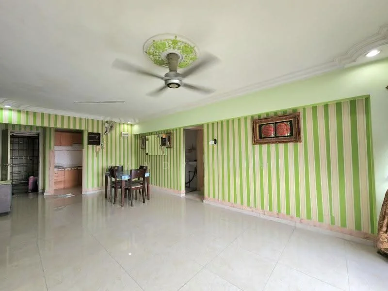 Living features: green and white striped walls, polished ceramic tile flooring, ceiling fan, recessed lighting, dining table with four chairs, wall-mounted artwork, open layout, doorway leading to kitchen, doorway leading to hallway; style: modern.