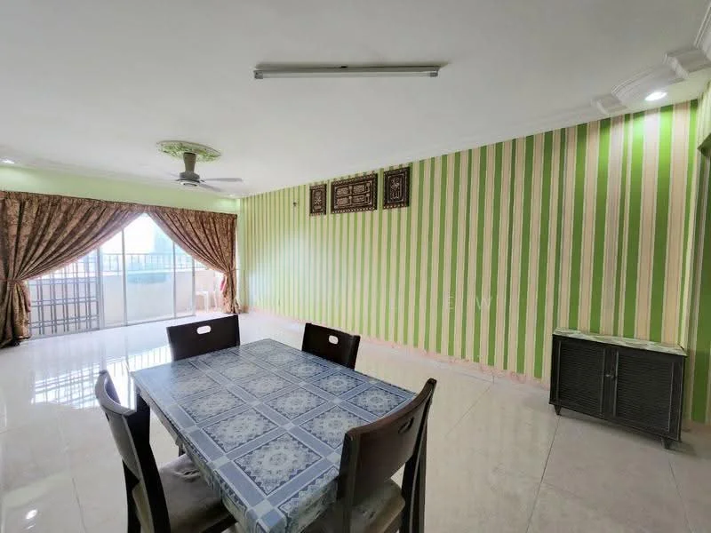 Dining features: dining table with blue patterned tablecloth, 4 wooden dining chairs, green and pink striped walls, white ceiling with decorative moulding, ceiling fan, large window with sheer curtains, sliding glass door leading to balcony, tile flooring, wall-mounted decorative artwork, built-in cabinet; style: modern; view: city.