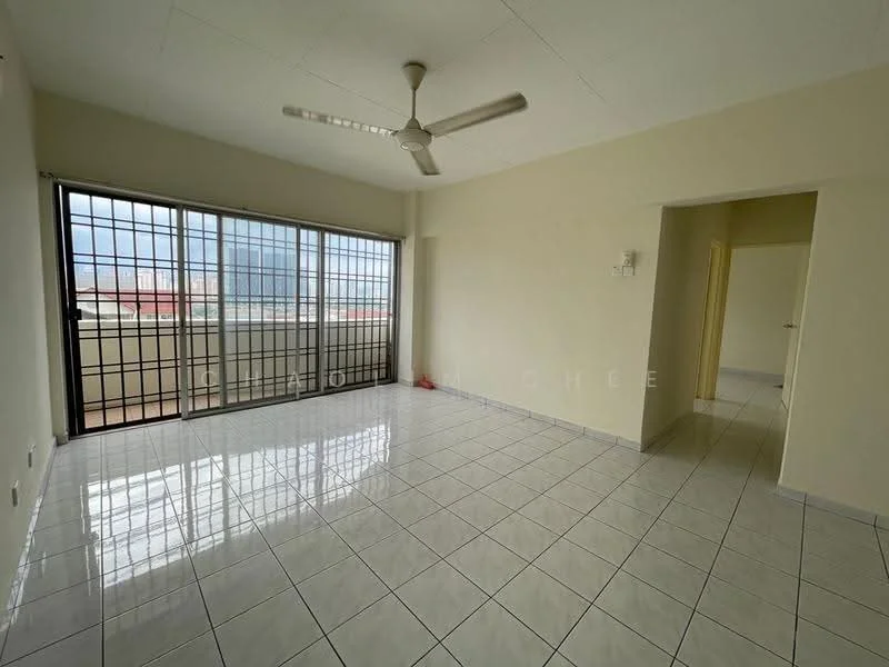 Living features: white painted walls, glossy ceramic tile flooring, 5-blade ceiling fan, floor-to-ceiling windows, metal grilles on windows, natural light from windows, neutral color scheme, open layout; style: modern; view: city.