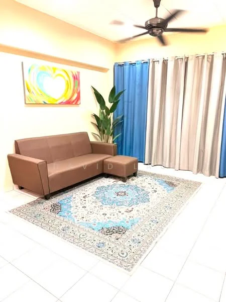 Living features: 3-seater fabric sofa in brown, accent chair, area rug with intricate pattern, ceiling fan, floor-to-ceiling curtains in blue and grey, painted walls in light yellow, decorative artwork on wall, tiled flooring in white; style: modern.