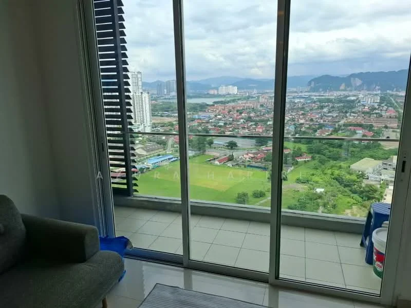 Room features: floor-to-ceiling sliding glass doors, city skyline view, mountain view, grey fabric sofa, tile flooring, balcony access; style: modern; view: city.