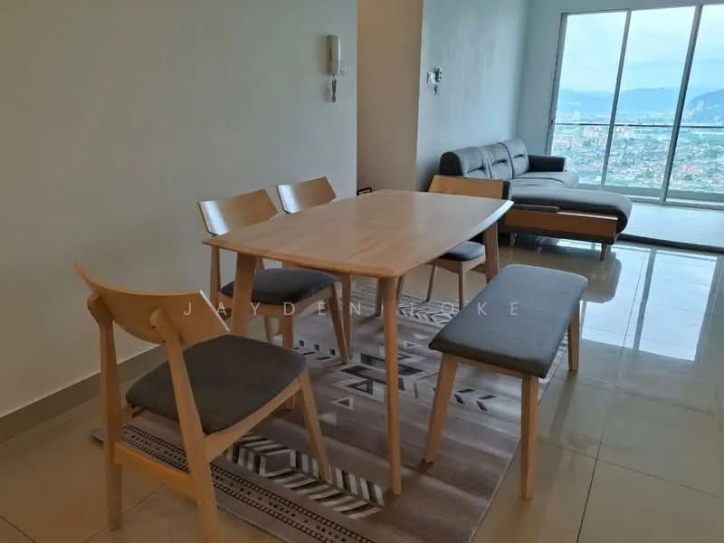 Dining features: wood dining table, 4 wooden dining chairs with cushions, bench seating, area rug with geometric pattern, large window with city view, polished tile flooring, neutral wall color, wall-mounted light fixture; style: modern; view: city. Living features: sectional sofa, floor-to-ceiling window, city skyline view, neutral wall color, polished tile flooring; style: modern; view: city.