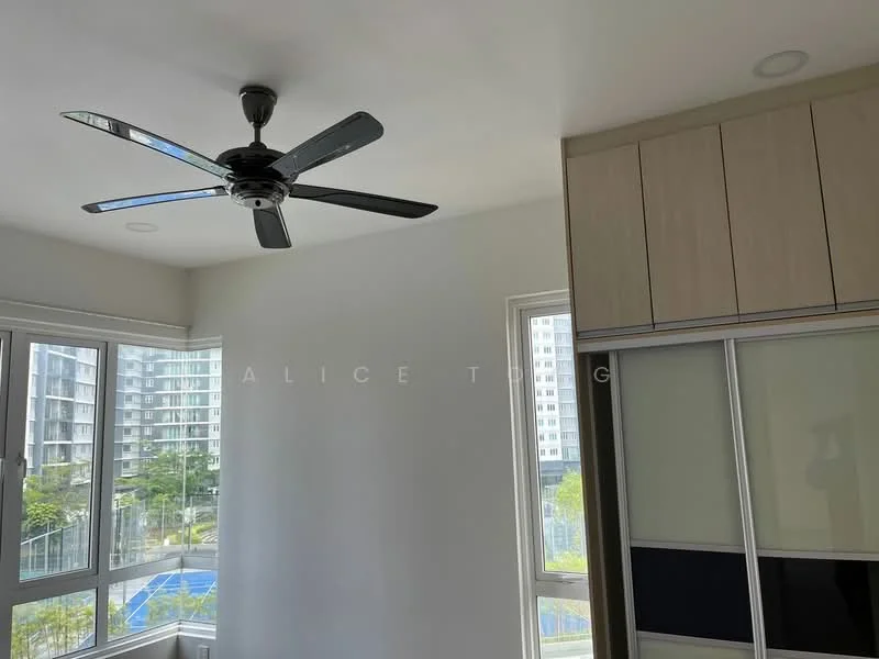 Room features: 5-blade ceiling fan with light, floor-to-ceiling windows, white painted walls, built-in wardrobe with sliding doors, view of swimming pool; style: modern; view: pool.