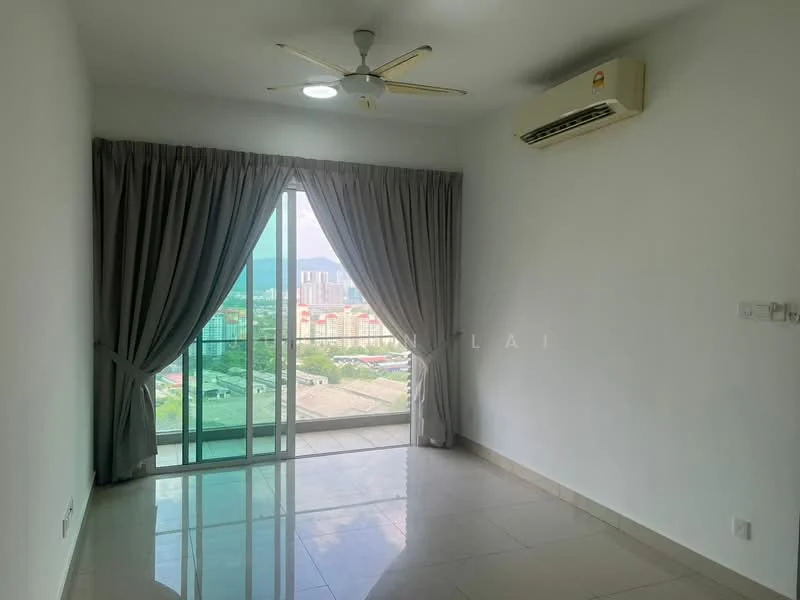 Living features: white painted walls, glossy tile flooring, 5-blade ceiling fan with light, floor-to-ceiling sliding glass door, sheer curtains, air conditioning unit, city view, natural light; style: modern; view: city.