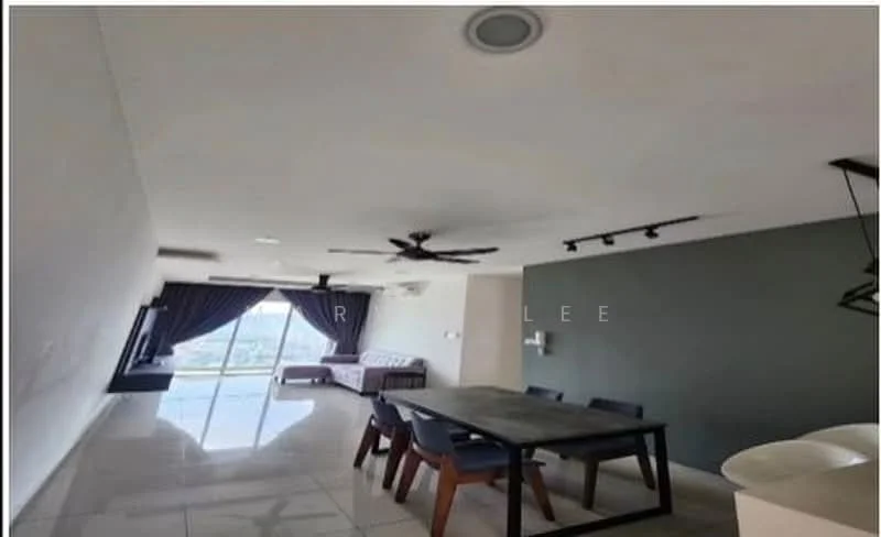 Living features: floor-to-ceiling windows, grey accent wall, 5-blade ceiling fan, recessed LED downlights, dining table with chairs, sofa, tile flooring, curtains, open layout; style: modern; view: city.