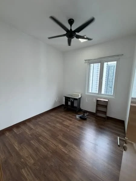 Room features: white painted walls, wooden flooring, 5-blade ceiling fan with light, floor-to-ceiling window, window treatments not visible, desk, small shelving unit, vacuum cleaner.