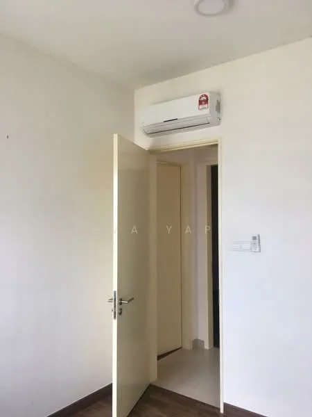 Room features: white painted walls, light-colored door, wall-mounted split AC, light fixture on ceiling, laminate flooring, door leading to another room, switch panel on wall.