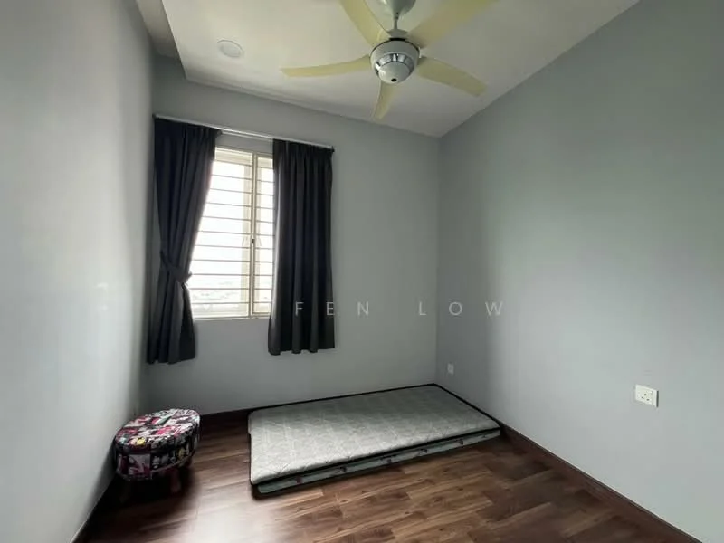 Bedroom features: grey painted walls, wooden flooring, 5-blade ceiling fan with light, single mattress on the floor, blackout curtains, window with horizontal slats, decorative storage ottoman.