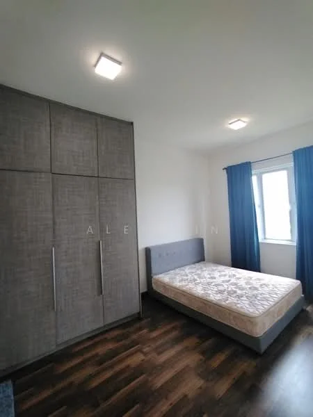 Bedroom features: queen-size bed with mattress, grey upholstered headboard, built-in wardrobe with grey finish, wooden flooring, white painted walls, two ceiling lights, blue curtains, window with view, empty bedside area; style: modern.