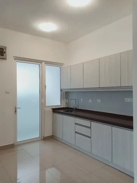 Kitchen features: light wood cabinetry, dark countertop, single-bowl stainless-steel sink, chrome pull-down faucet, built-in oven, ceramic tile flooring, recessed ceiling lights, window with frosted glass, wall-mounted air conditioning unit; style: modern.