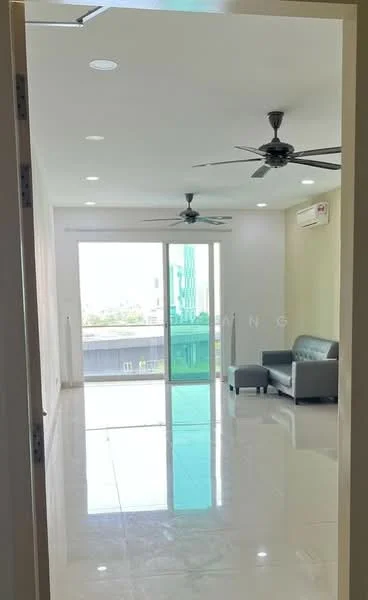 Living features: white painted walls, glossy tile flooring, 2 ceiling fans, floor-to-ceiling windows, sliding glass door, grey leather sofa, air conditioning unit, natural light from windows; style: modern; view: city.