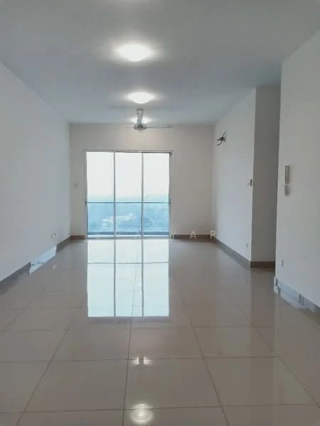 Living features: glossy ceramic tile flooring, white painted walls, recessed downlights, 5-blade ceiling fan, floor-to-ceiling windows, city view, sliding glass door, intercom panel; style: modern; view: city.