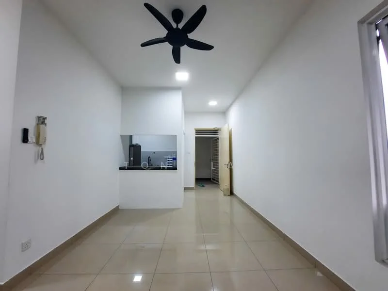 Room features: white painted walls, glossy beige tile flooring, 5-blade ceiling fan in black, recessed LED downlights, kitchenette with black countertop, built-in wardrobe, door leading to another room, telephone wall unit; style: modern.
