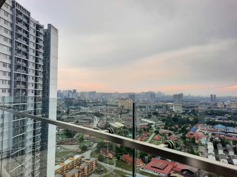 Room features: balcony with glass railing, city skyline view, concrete flooring, modern architectural design, high-rise building, floor-to-ceiling windows, grey painted walls, outdoor space; style: modern; view: city.