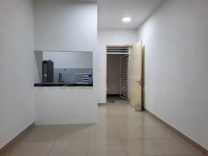 Room features: white painted walls, tile flooring, recessed ceiling lights, open kitchen counter, granite countertop, door leading to another room, window with grill, neutral color scheme; style: modern.